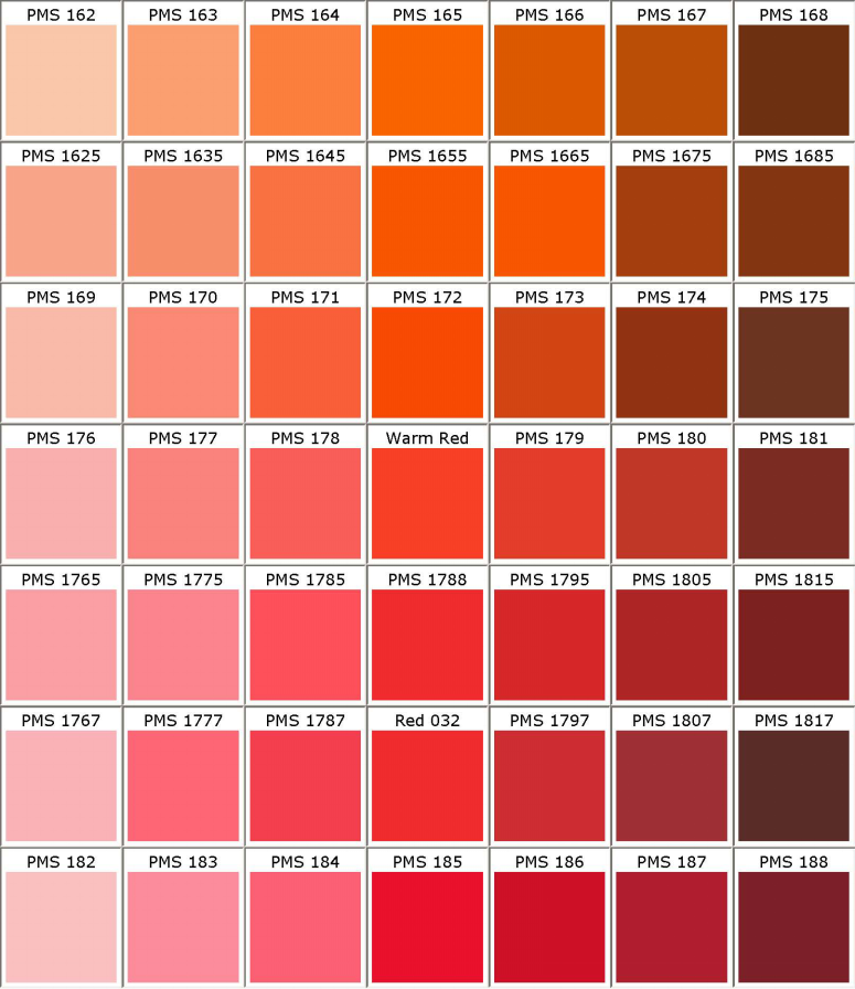 Pantone_pms_colors PMS 162 PMS 163 PMS 164 PMS 165 PMS 166 PMS 167 PMS 168 PMS 1625 PMS 1635 PMS 1645 PMS 1655 PMS 1665 PMS 1675 PMS 1685 PMS 169 PMS 170 PM 171 PMS 172 PMS 173 PMS 174 PMS 175 PMS 176 PMS 177 Červené PMS 178 PMS 179 PMS 180 PMS 181 PMS 1765 PMS 1500 PMS 1785 PMS 1788 PMS 1795 PMS 1805 PMS 1815 PMS 1767 PMS 1777 Červená 1787 PMS 032 PMS 1797 1807 PMS 1817 PMS 182 PMS 183 PMS 184 PMS 185 PMS 186 PMS 187 PMS 188 PMS XNUMX PMS XNUMX PMS XNUMX PMS.