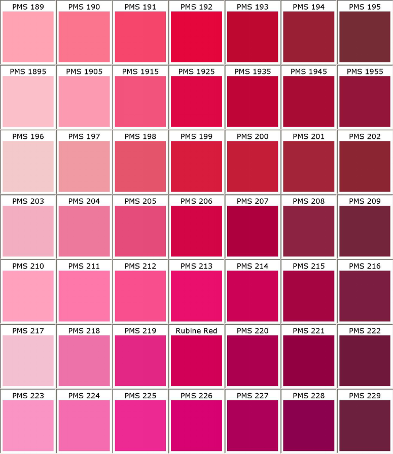 Pantone_pms_colors_chart PMS 189 PMS 190 PMS 191 PMS 192 PMS 193 PMS 194 PMS 195 PMS 1895 PMS 1905 PMS 1915 PMS PMS 1925 PMS 1935 PMS 1945 PMS 1955 PMS 196 PMS 197 PMS 198 PMS 199 PMS 200 PMS 201 PMS 202 PMS 203 PMS 204 Rubine Red PMS 205 PMS 206 PMS207 PMS208 209 PMS 210 PMS211