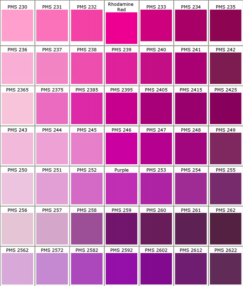 Pantone_PMS_COLORS_CHART PMS 230 PMS 231 PMS 232 RHODAMINE אדום PMS 233 PMS 234 PMS 235 PMS 236 PMS 237 PMS 238 PMS 239 PMS 240 PMS 241 PMS 242 pms 2365 2375 PMS 2385 PMS 2395 PMS 2405 PMS 2415 PMS 2425 PMS 243 PMS סגול 244 PMS 245 PMS 246 PMS 247 PMS 248 PMS 249 PMS 250 ​​PMS 251 PMS 252 PMS 253 PMS 254 PMS 255 PMS 256 PMS 257 PMS 258 PMS 259