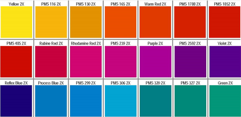 Tabuľka farieb PMS Pantone Žltá 2X PMS 116 2X PMS 130 2X PMS 165 2X Teplá červená 2X PMS 1788 2X PMS 1852 2X PMS 485 2X Rubínová červená 2X Rodamínová modrá 2X Reflexná modrá 239X Vioflex 2X 2X PMS 2592X fialová 2 2X PMS 2X 2 299X PMS 2 306X PMS 2 320X PMS 2 327X Zelené 2X